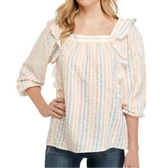 CHAPS Square Neck Striped Peasant Blouse Cotton Linen Blend Women’s Size Medium - Picture 2 of 10